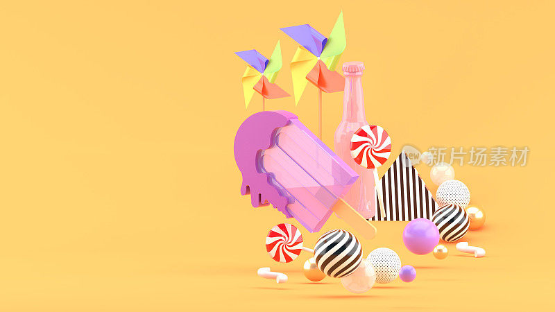 冰淇淋棒、糖果、饮料瓶和纸涡轮机被橙色背景的彩色球包围着。3 d渲染。“n